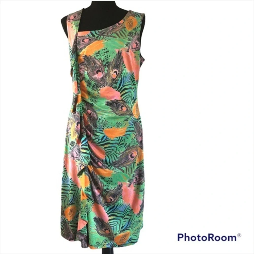 Women’s Tango Mango Tropical Ruffled front feathers & animal print dress size L - Picture 14 of 14